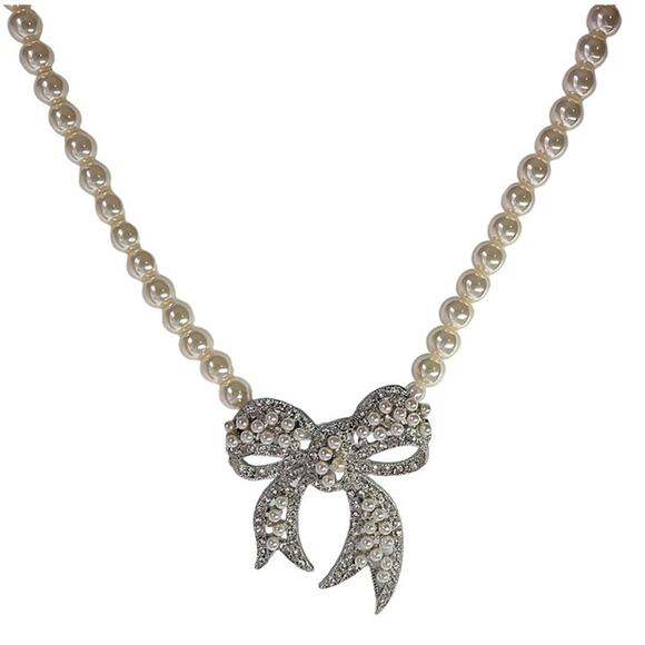 Forever 21 Costume Pearl Rhinestone Silver Tone Bow Pendant Glam Choker Necklace - Picture 2 of 5